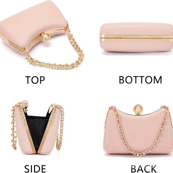 Pink Moon-Shaped Crystal Chain Evening Clutch for Women, Waterproof PU Leather, - Picture 4 of 6